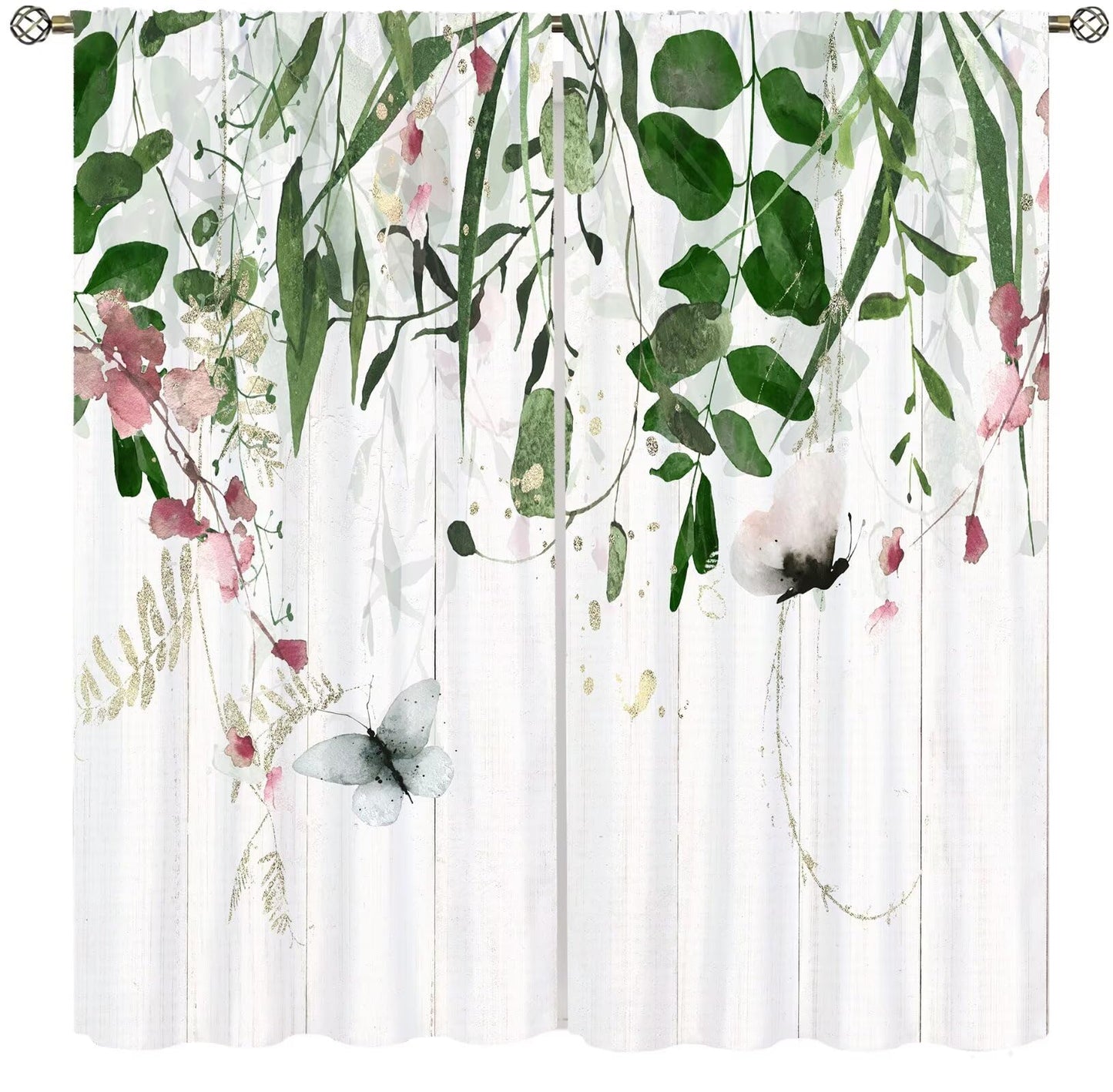 Rustic Floral Curtains Green Grey Eucalyptus Botanical Leaves Butterfly Farmhouse Flower Leaf Pattern Decor Rod Pocket Drapes for Bedroom Living Room,2 Panels Set,42x45Inch