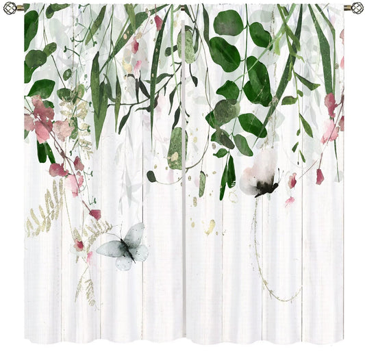 Rustic Floral Curtains Green Grey Eucalyptus Botanical Leaves Butterfly Farmhouse Flower Leaf Pattern Decor Rod Pocket Drapes for Bedroom Living Room,2 Panels Set,42x45Inch