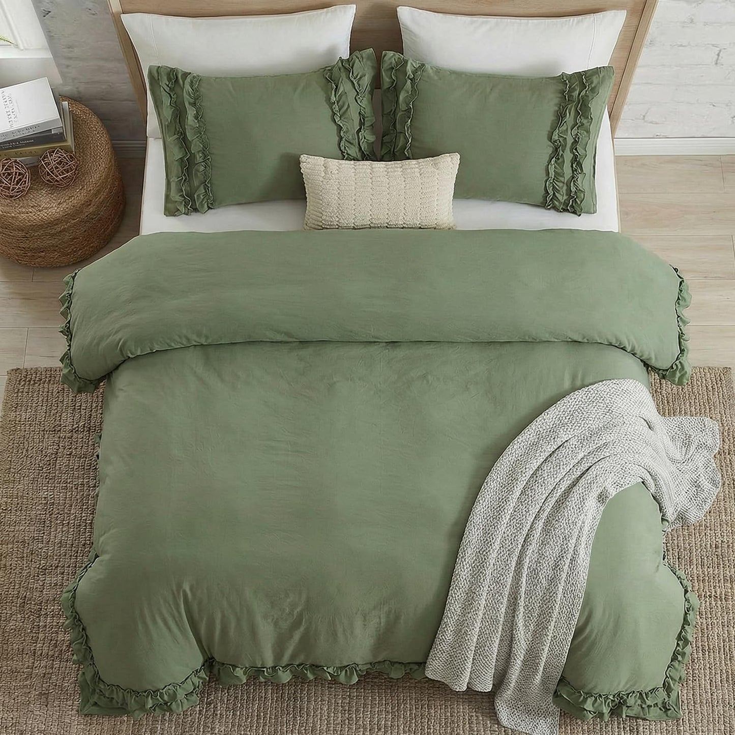 Avocado Green Duvet Cover Queen Ruffled Bedding Set Pleated Ruffle Fringe Shabby Chic Bedding Super Soft Cozy Boho Bedroom Bedding for All Season