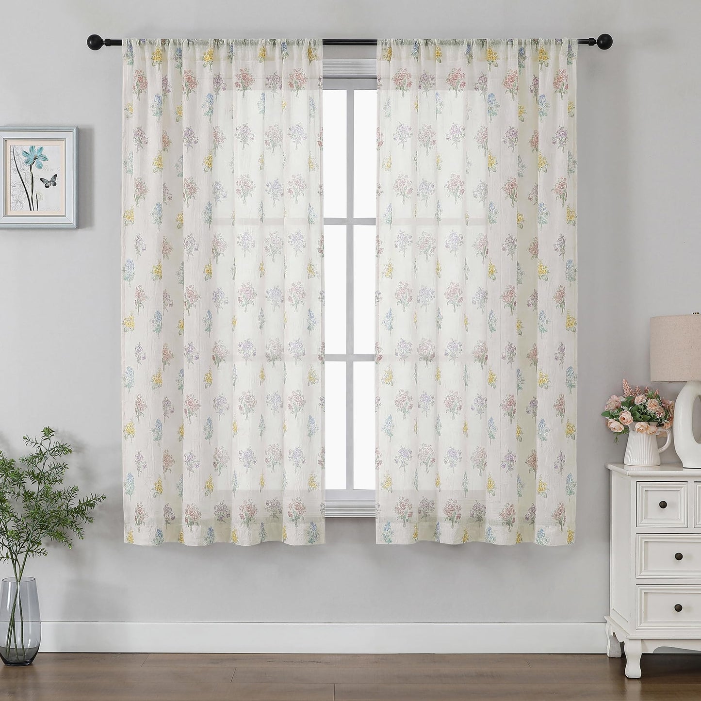 Ebesto Crushed Floral Sheer Curtains 63 Inch Length - Light Filtering Printed Sheer Flower Patterned Curtains for Bedroom, Spring Romantic Rod Pocket Window Drapes, 2 Panels, 42Wx63L Inches, Natural