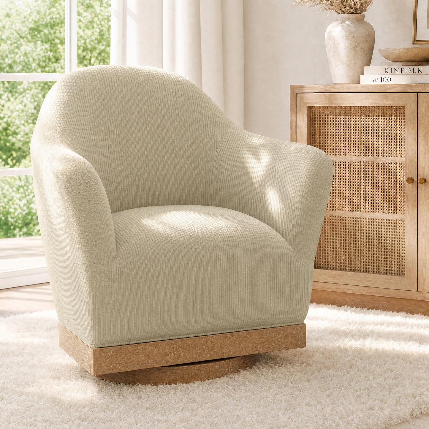 SUNSHINE VALLEY Swivel Accent Chair, High-Back Barrel Chair with Reinforced Hardwood Frame, 360°Swivel for Living Room, Armchair with 400 lbs Capacity, No Assembly Required, Off-White