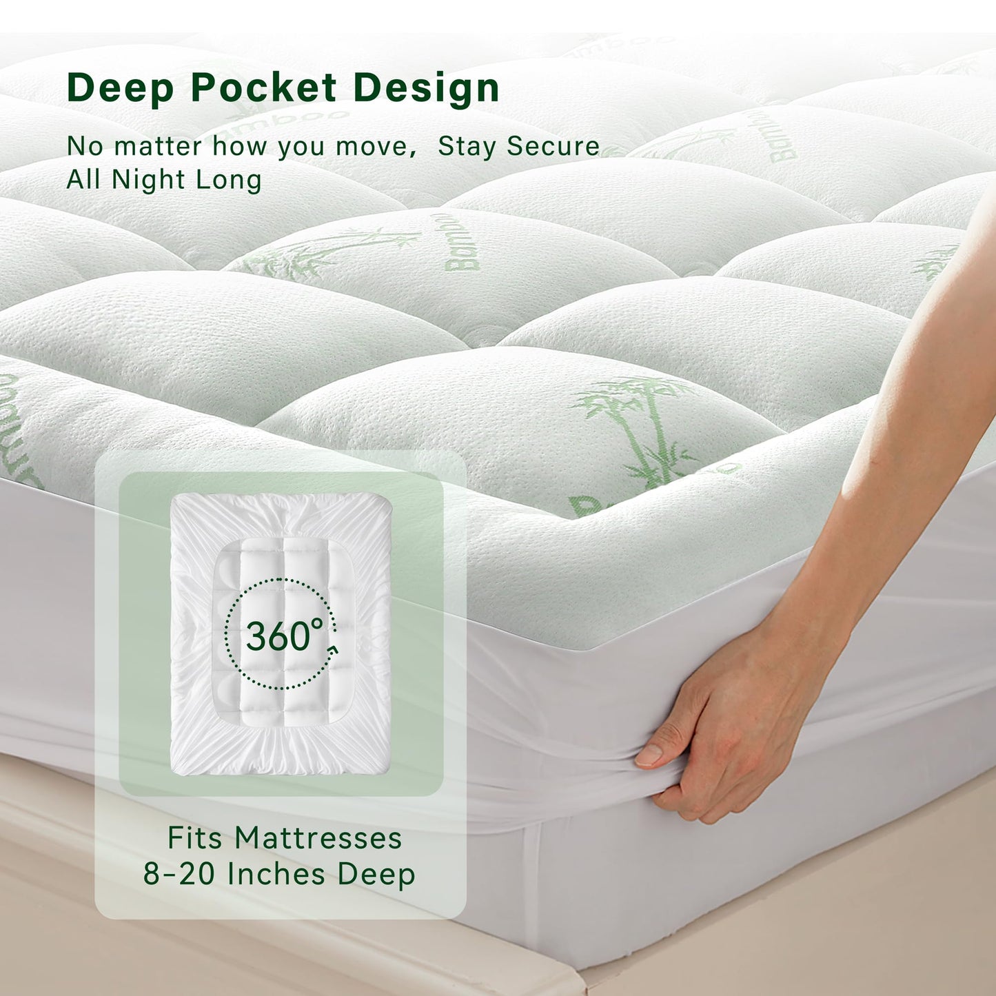 Anluoer Queen Mattress Topper Memory Foam, Rayon Derived from Bamboo Pillow Top Mattress Topper for Back Pain Relief, Cooling Soft Mattress Pad with 8-21" Deep Pocket, 60x80 Inches, White