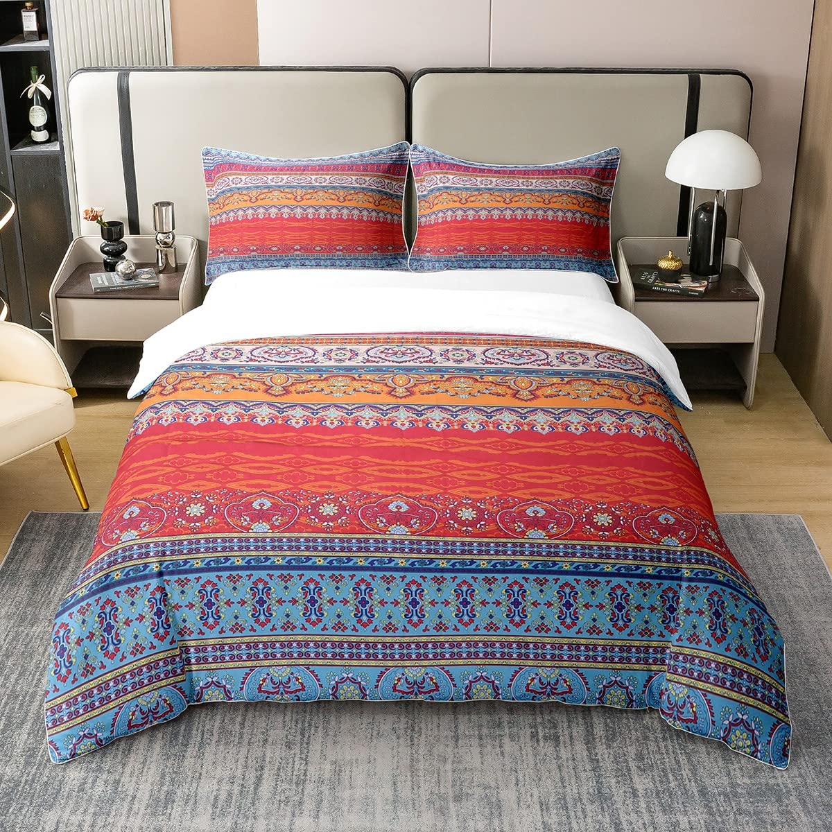 100% Cotton Bohemian Duvet Cover Set Queen Colorful Floral Boho Striped Bedding Set Ultra Soft Microfiber Double Duvet Cover Southwestern Indian Tribal Reversible Bedding Exotic Boho Comforter Cover