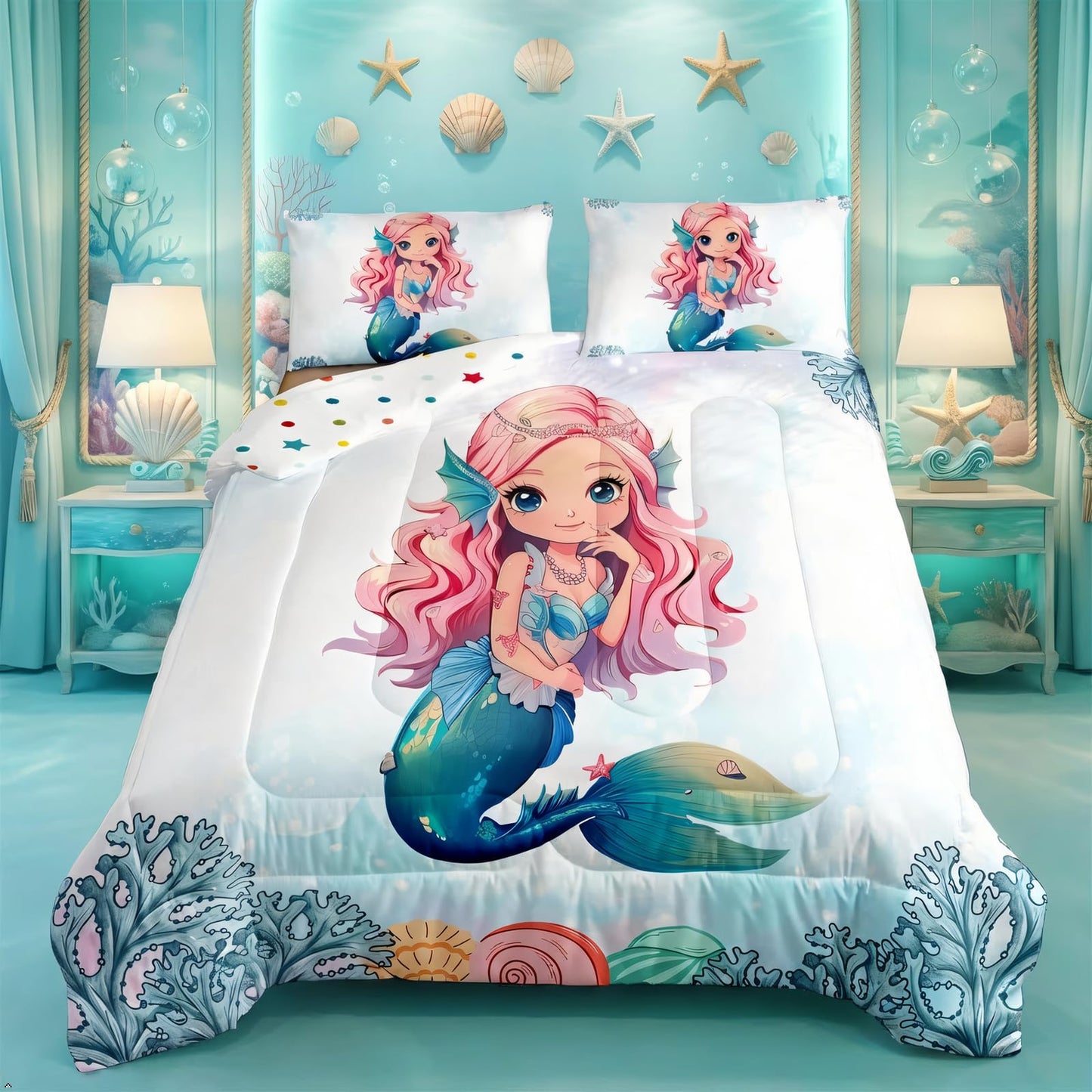 Erosebridal Mermaid Black Girls Bedding Set Afro Girl Twin Comforter Set for Girls,American African Princess Magical Quilt for Toddler Kids Teenager,Ocean Fish Coral Cute Room Decor