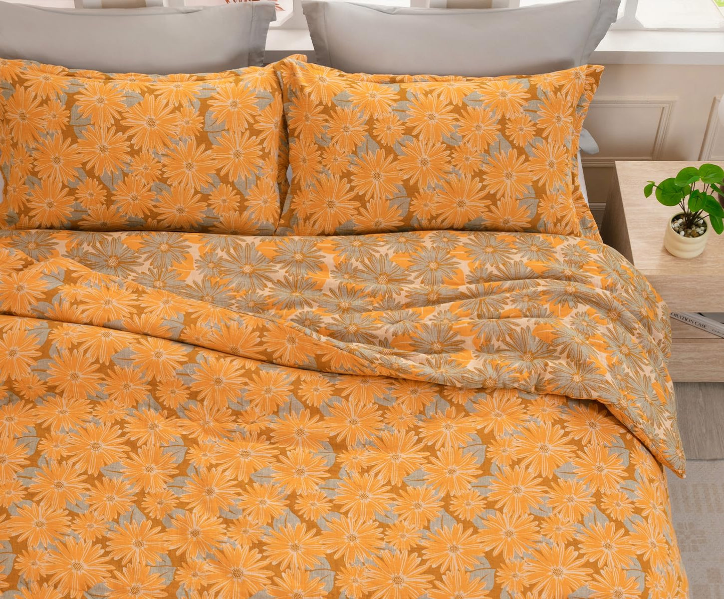 SLEEPBELLA Washed Double Layer Muslin 100% Cotton Comforter Set Queen Size, Yellow & Blue Sunflower Pattern Fluffy Thick Checked Bedding Set, Soft Breathable (1 Comforter, 2 Pillow Shams)
