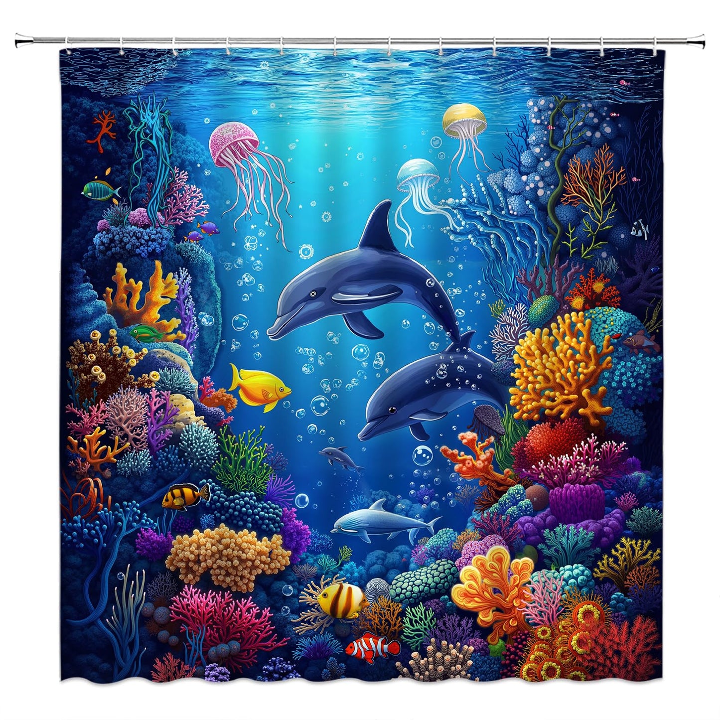 ZNLSU Underwater World Shower Curtain Blue Ocean Animal Dolphin Jellyfish Colorful Tropical Fish Sea Wildlife 70" WX70 H Bathroom Fabric Curtain with Hooks