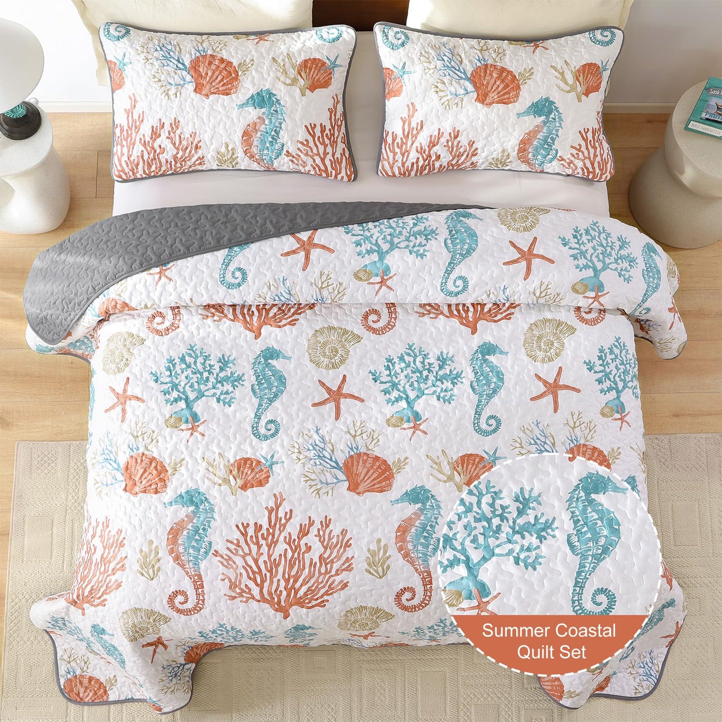 DJY Coastal King Size Quilt Set 3 Pcs, Ocean Beach Theme Bedding with Pillowcases, Summer Orange Reversible Microfiber Comforter Set Lightweight Nautical Bedspread Coverlet Set for All Season