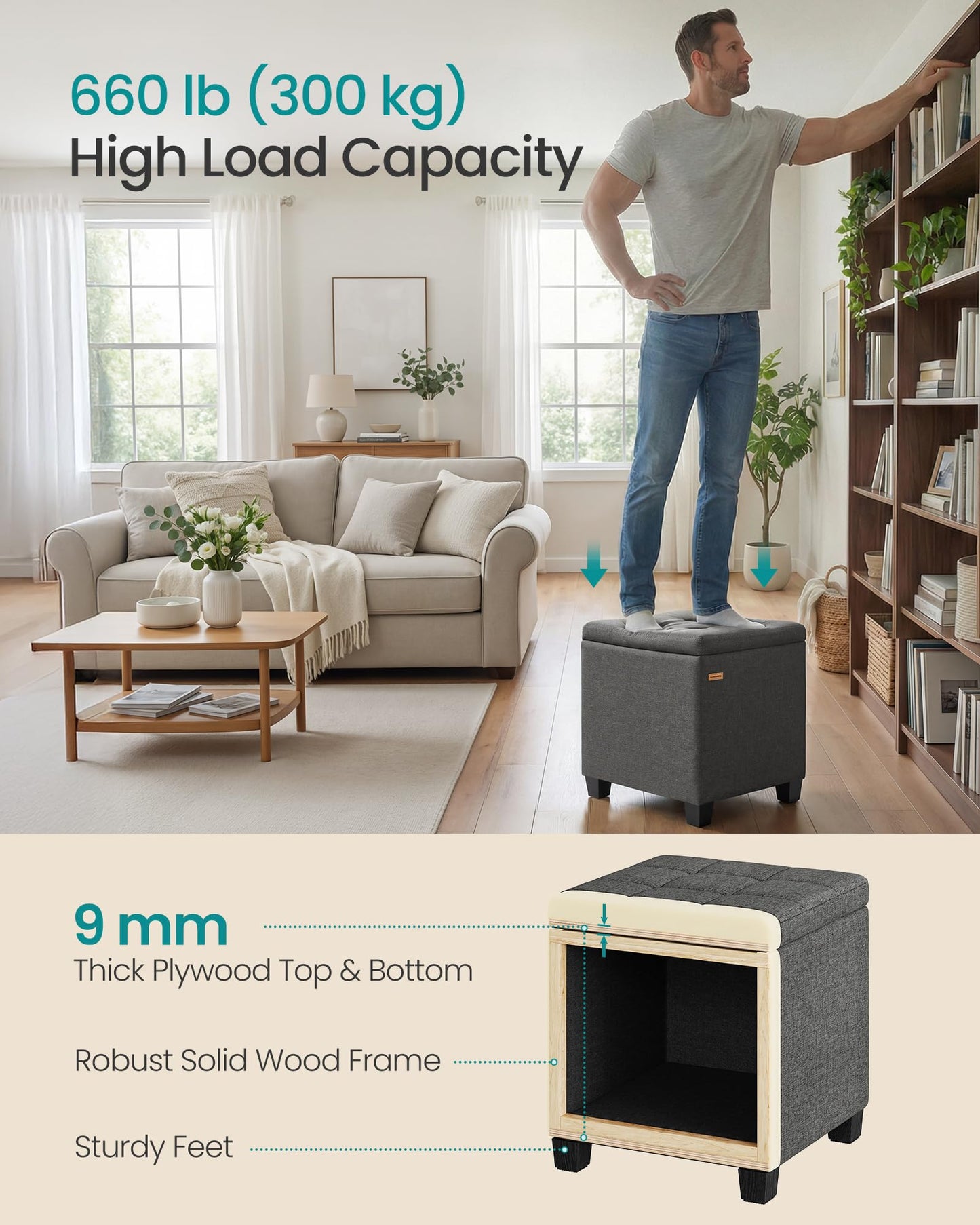 SONGMICS Square Storage Ottoman, Foot Stool Footrest with Legs, Ottoman Cube with Hinged Lid, for Living Room, Bedroom, 16.9 x 16.9 x 18.1 Inches, Linen-Look Fabric, Slate Gray ULOM509GN01