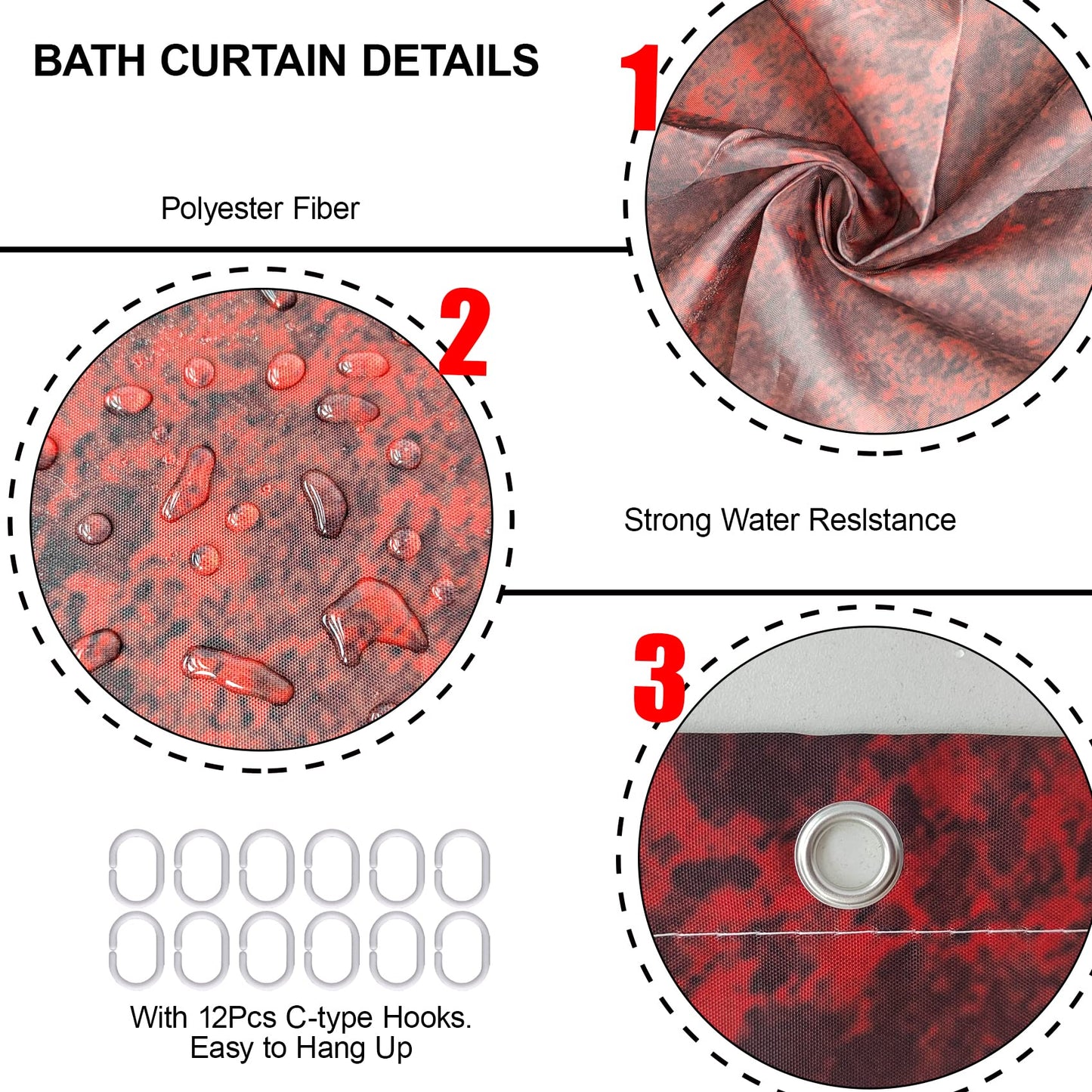 beifivcl 4Pcs Luxury Marble Shower Curtain Sets, Bathroom Sets with Shower Curtain, Toilet Lid Rug, Contour Mat and Bath Mat, Shower Curtain with 12 Hooks for Bathroom Set Decor (72 x 72 Inch), Red