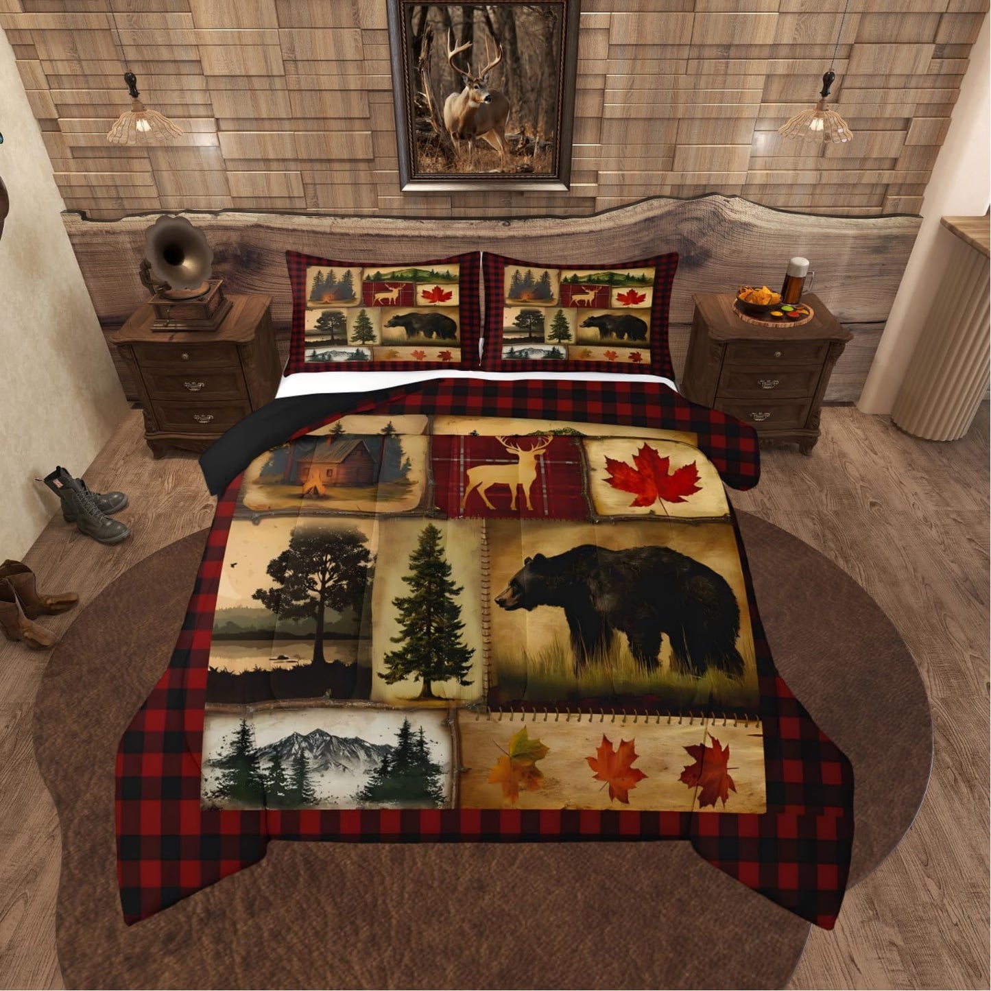 Bear Cabin Plaid Comforter Set Queen, Rustic Farmhouse Bedding Comforter Sets, Retro Hunting Deer Bedding, Country Woodland Pine Tree Duvet Set, Maple Leaf Lodge Decor Down Comforter, Red Black Brown
