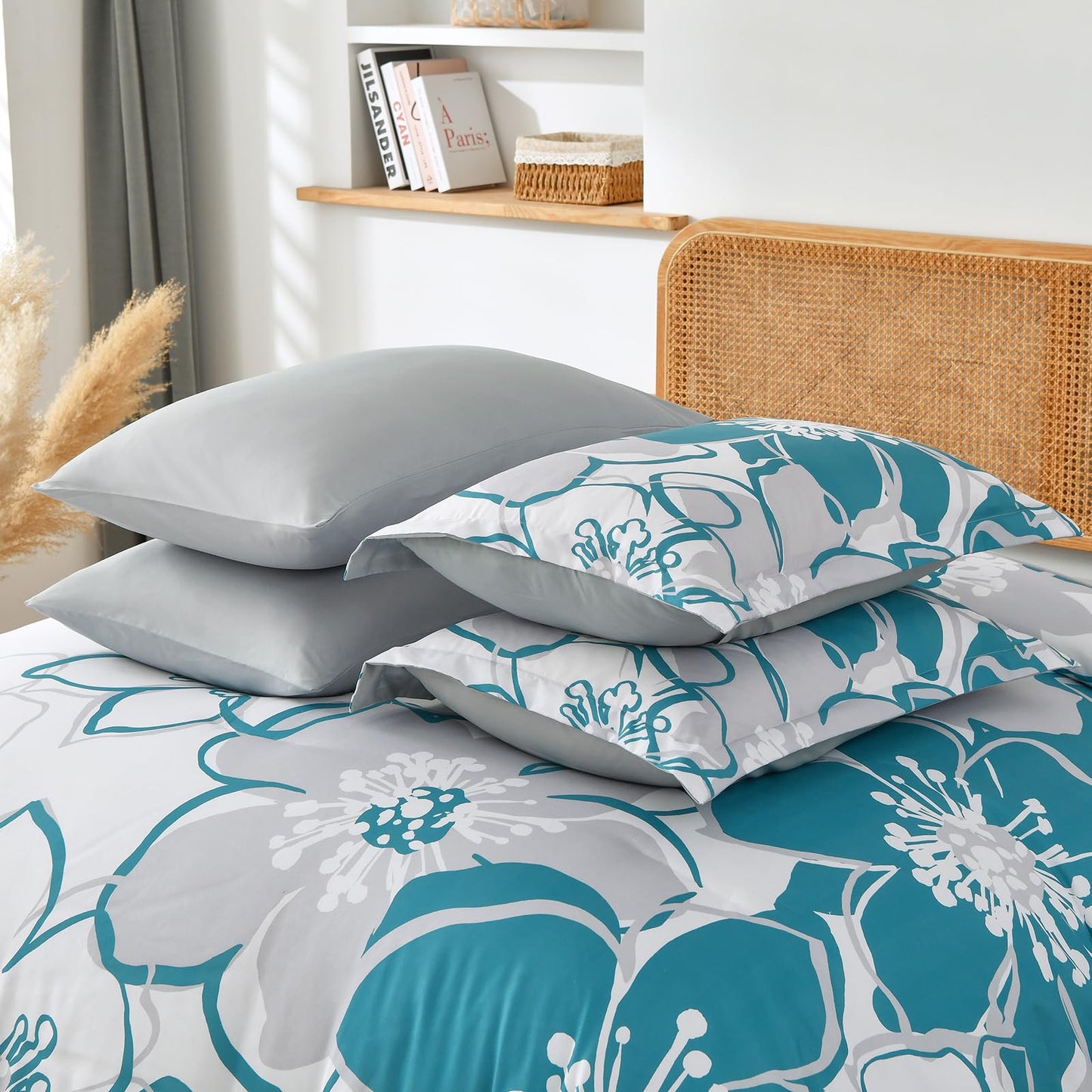 Anibedding Teal Floral Comforter Set Queen Size 7 Piece, Teal Blue Flower Bed in a Bag, Elegant Botanical Floral Comforter Soft Microfiber Complete Bedding Set for All Season, (Teal, 90"x90")
