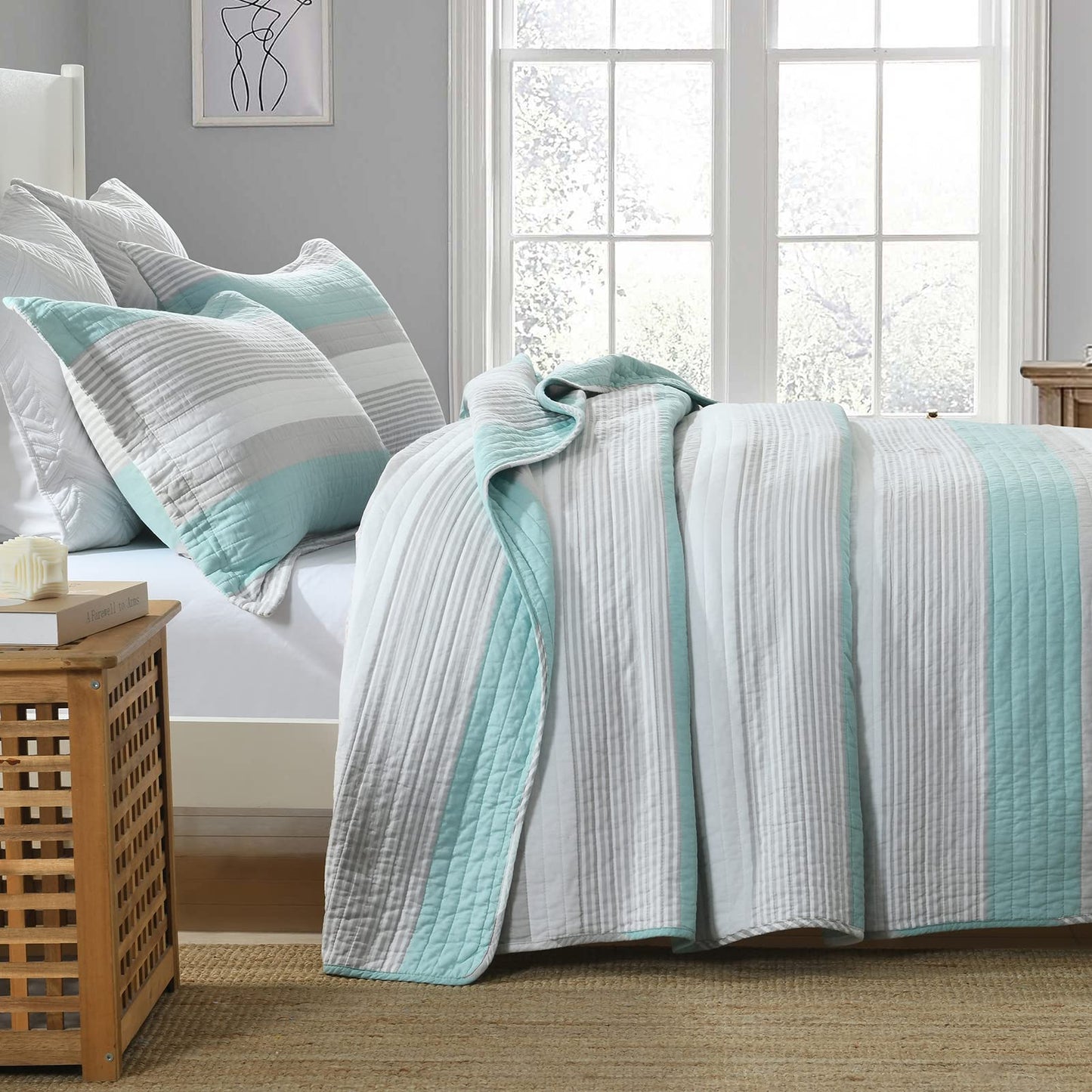 Finlonte King Quilt Striped Bedspread, 100% Cotton King Size Quilt, LightBlue Gray King Quilt Sets, Lightweight Soft King Bed Quilt for All Season