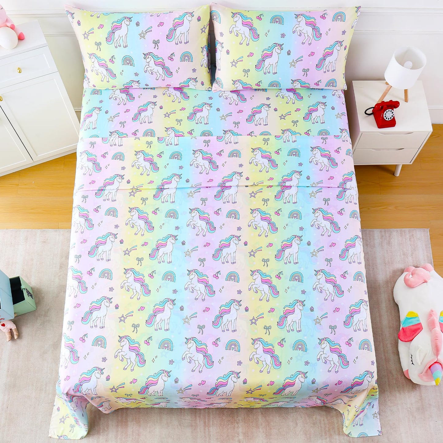 LONAVA Twin Sheet Set Kids - 3 Pieces Soft Microfiber Cartoon Style Bedsheets for Boys Girls Teens, Oeko TEX, Breathable Deep Pocket Sheets (Rainbow Unicorn)