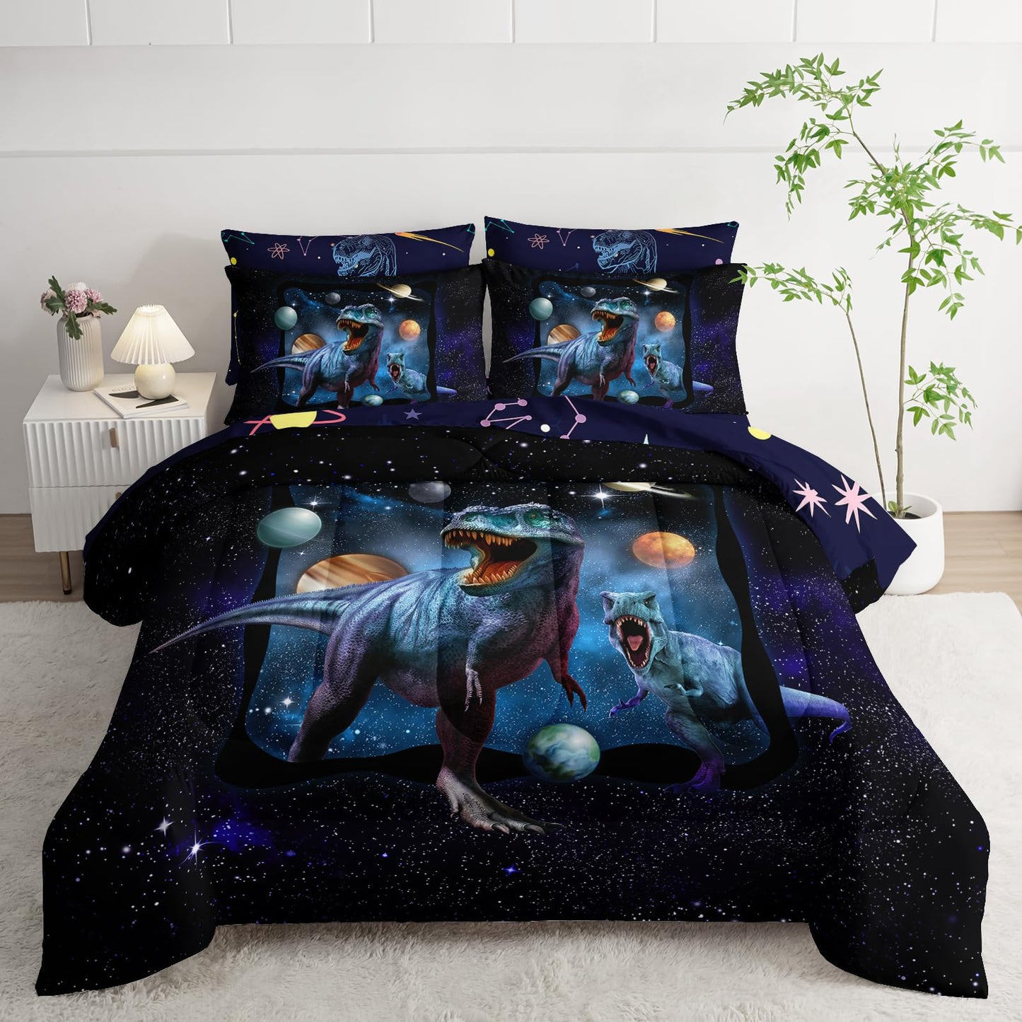 AILONEN Space Galaxy Dinosaur Comforter Set Full Size,7-Piece Soft Bed in a Bag Kids Boys Dino Comforter & Fitted Sheet & Flat Sheet & 2 Pillowcases,2 Pillow Shams for Bedroom