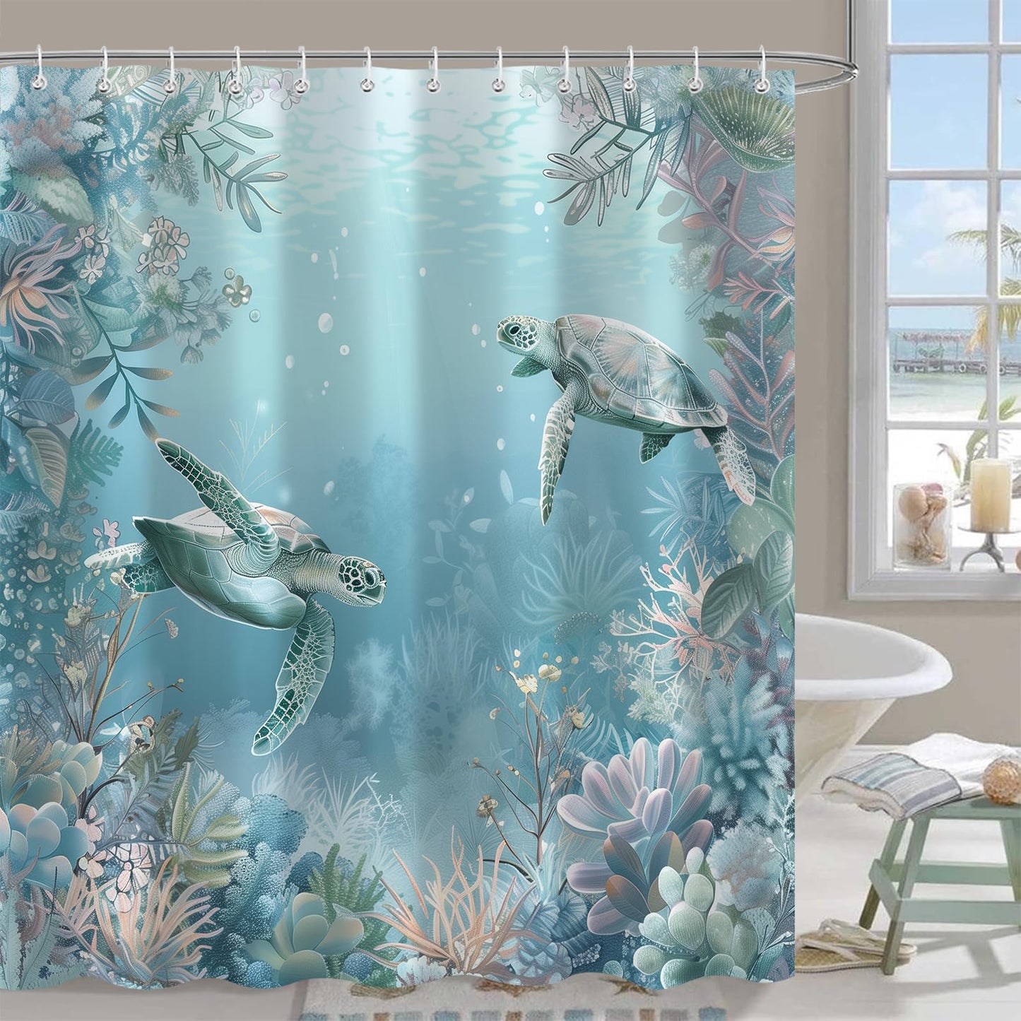 Sokdcam Sea Turtle Shower Curtain, Blue Teal Turtle Beach Theme Shower Curtain for Bathroom, 72 x 72 Inch Polyester Fabric Waterproof Bath Curtains Decor Set with 12 Hooks