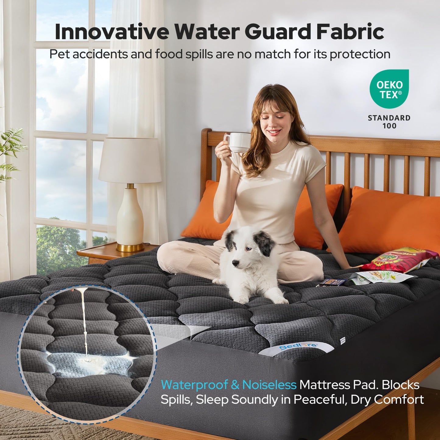 BEDLORE Waterproof Queen Mattress Pad, Breathable Mattress Protector with 6-18 Inch Deep Pocket, Quilted Fitted Mattress Topper Bed Cover, Noiseless & Machine Washable