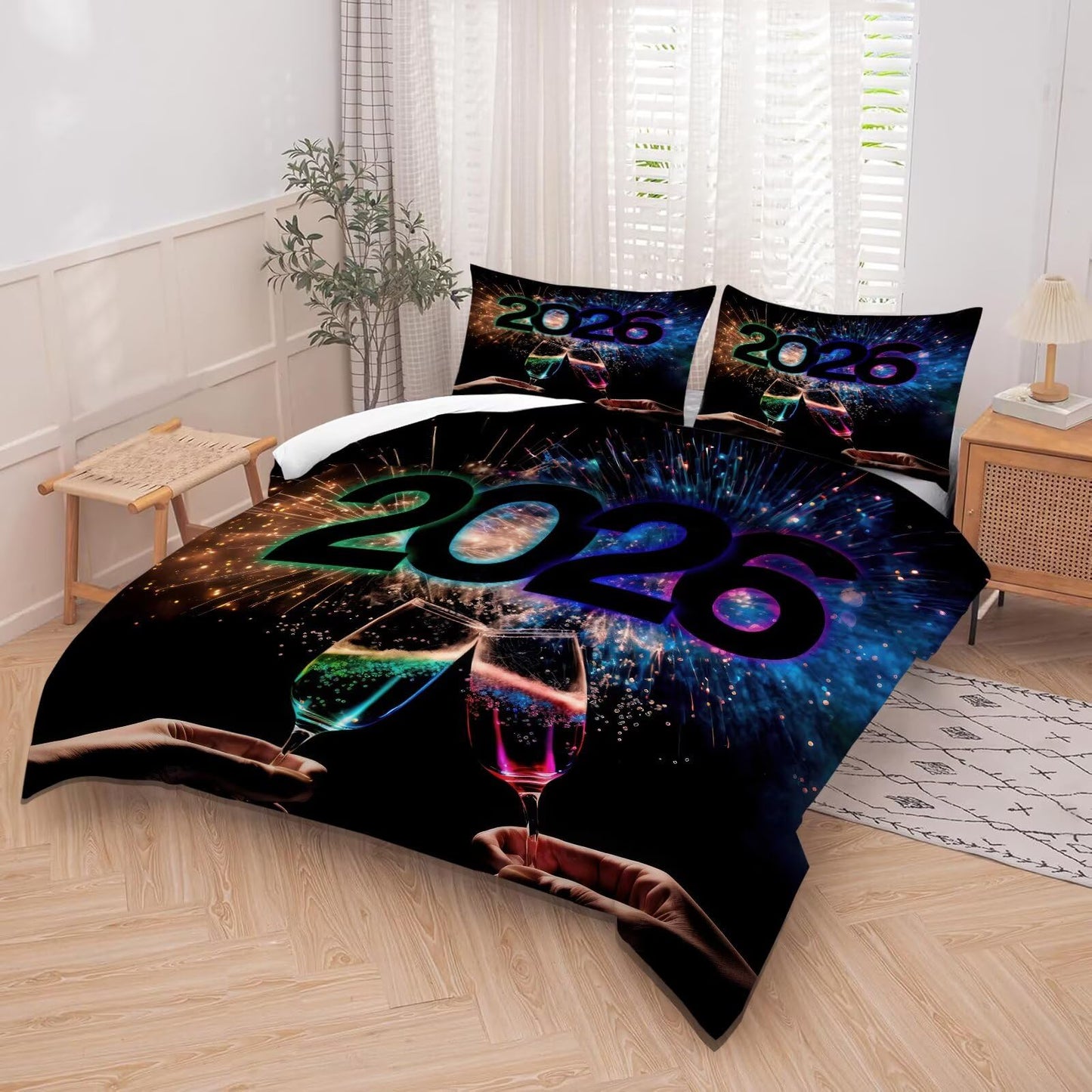 kxry Happy 2026 Year Bedding Sets Celebrate Champagne Comforter Set 3 Pieces of Machine Washable Soft Quilt for Kids Teen Girls King Size