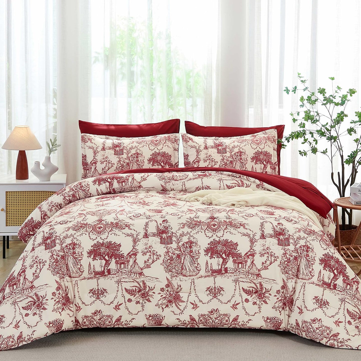 Red Comforter Set Queen 7 Piece Bed in a Bag Toile de Jouy Botanical Comforter with Sheet Set Soft Micorfiber Bedding Set (1 Comforter,2 Pillow Shams,1 Flat Sheet,1 Fitted Sheet,2 Pillowcases)