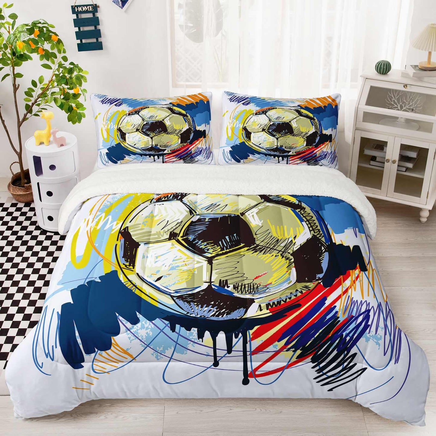 QOOMO Soccer Sherpa Fleece Comforter Set Boys Sports Bedding Set King Size for Kids Teens Hand Drawn Football Graffiti Style Design 3 Piece with 1 Comforter 2 Pillowcases
