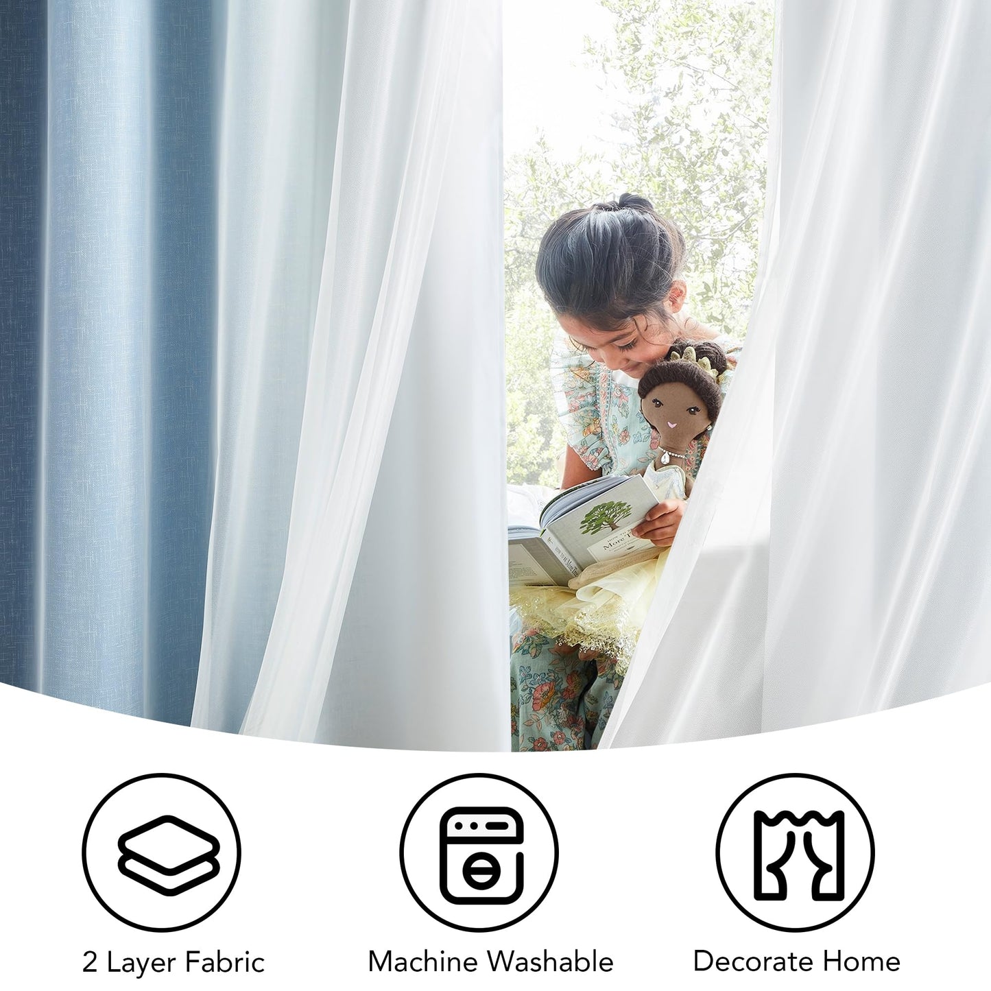 Geomoroccan Ombre 100% Blackout Curtains 54 Inches Long 2 Panels for Bedroom Living Room Blue and White Double Layer Sheer Overlay Mix & Match Grommet Thermal Soundproof Drapes with Tiebacks, 52x54