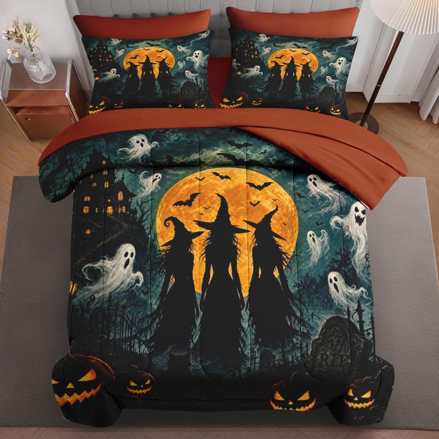 Boewywh Comforter Set Twin Size Halloween Witch Ghost 5 Pcs, Bedding for Kids and Adults, Bed Sheet Sets with Fitted Sheet Pillowcase & Sham for Bedroom Bed Decor