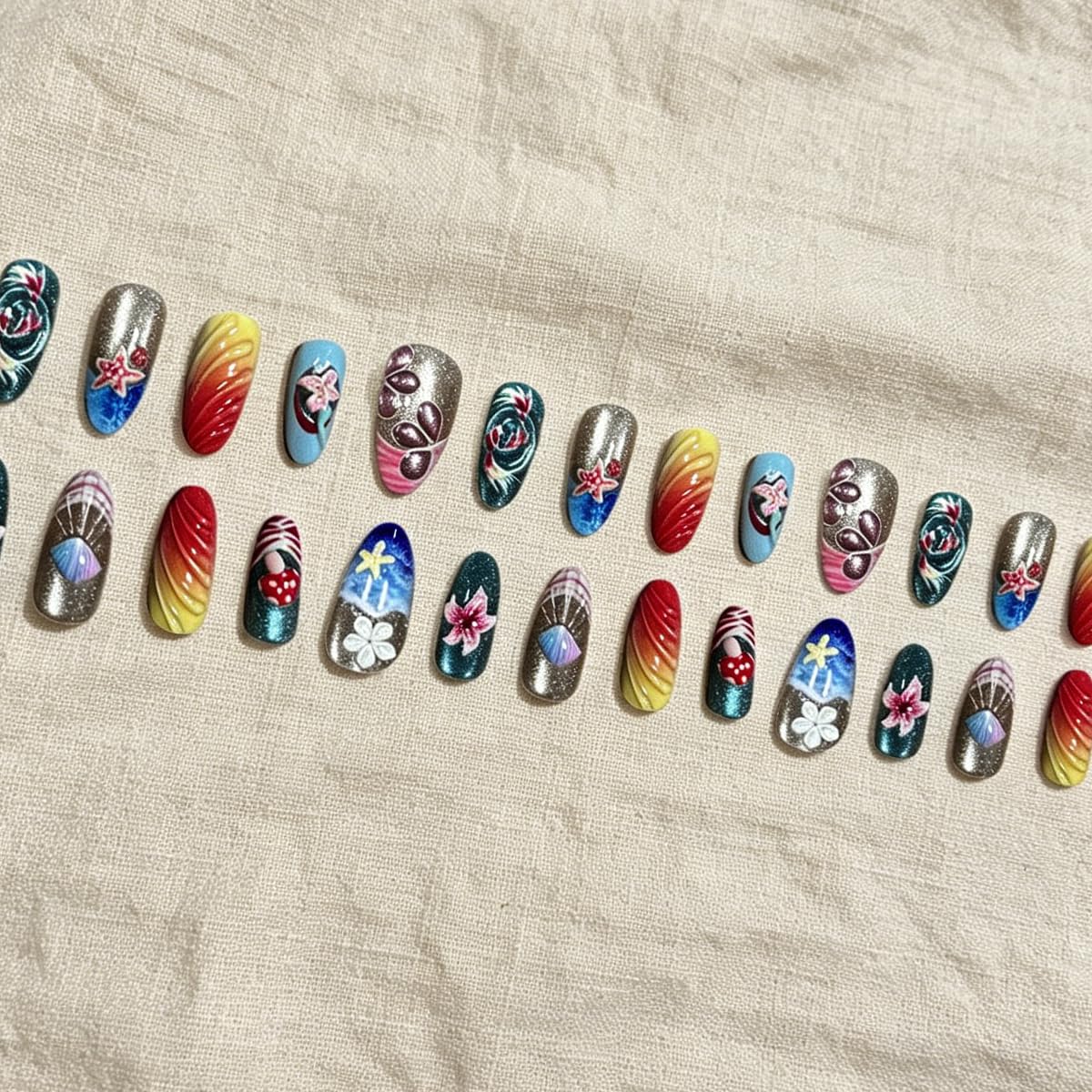 3D Press On Nails Almond Medium Fake Nails with Cat's Eye Embossed Marine Life&Floral French Designs, Acrylic Artificial Nail Press ons False Stick On Nails for Women Girls 30Pcs