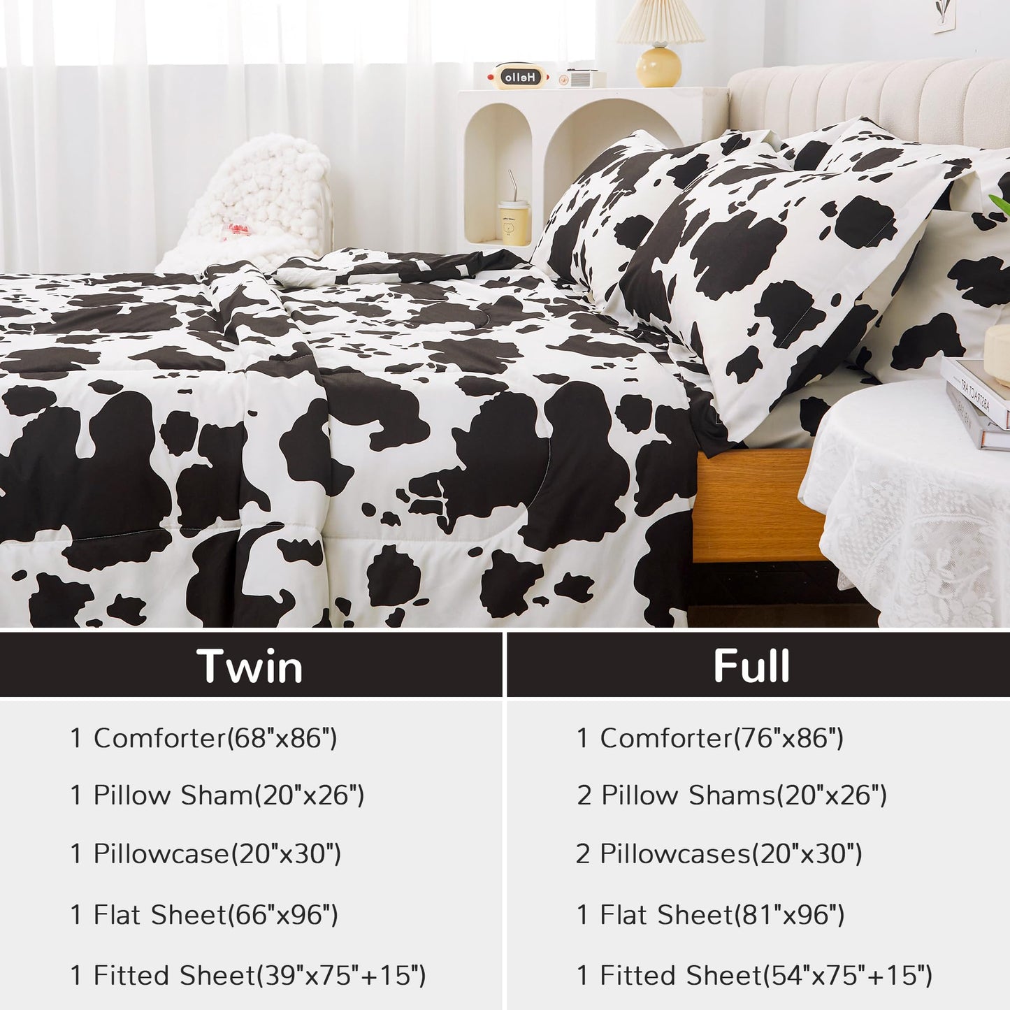 Viviland Kids Full Bedding Sets for Girls, Boys Soft Full Comforter Set with Sheets, 7 Pieces Microfiber Bed in a Bag, Cow Animal