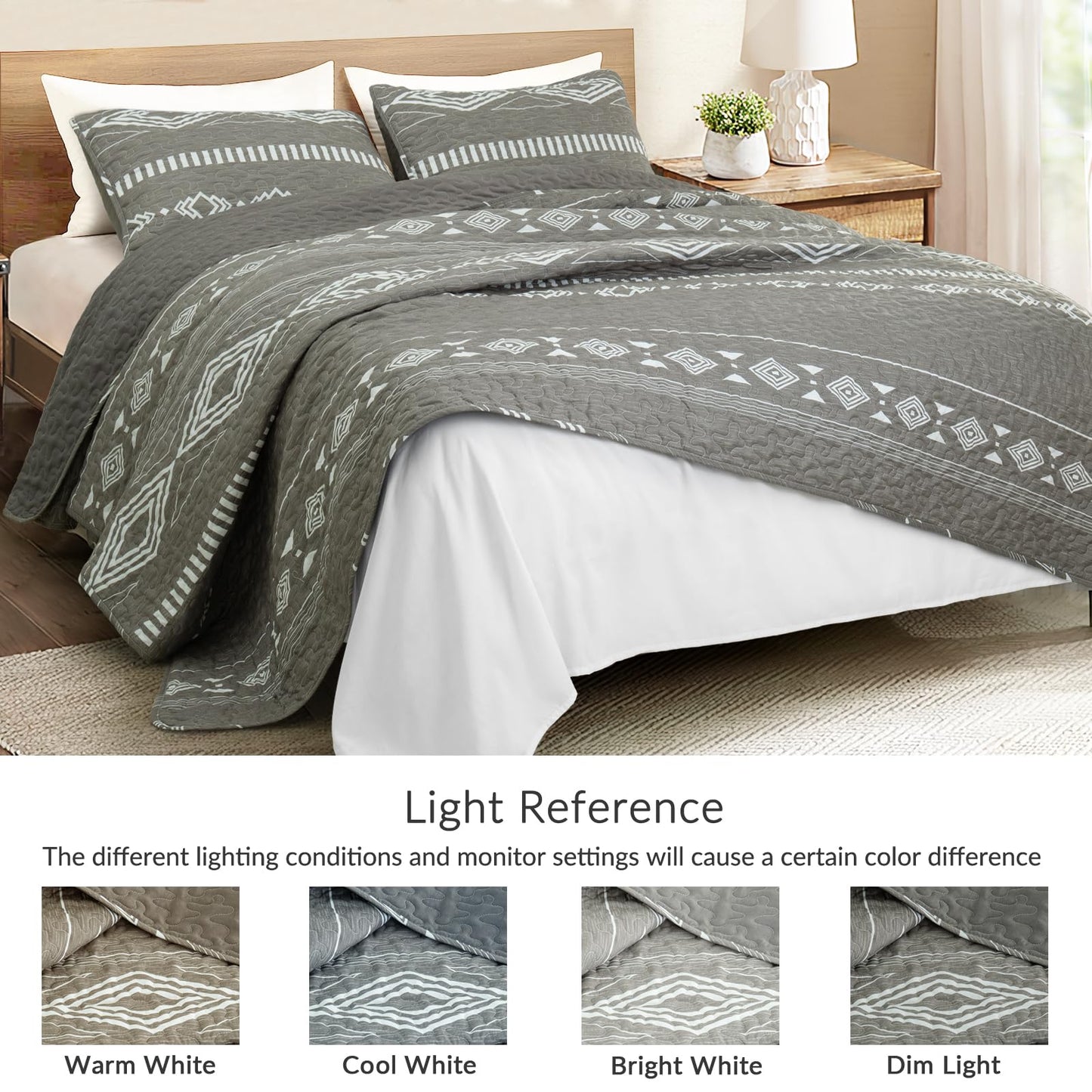 Whale Flotilla Full Queen Size Quilt Set - Reversible Grey Quilts Queen Size with 2 Pillow Shams, Lightweight Boho Striped Bedspreads Coverlet Bedding Set for All Seasons