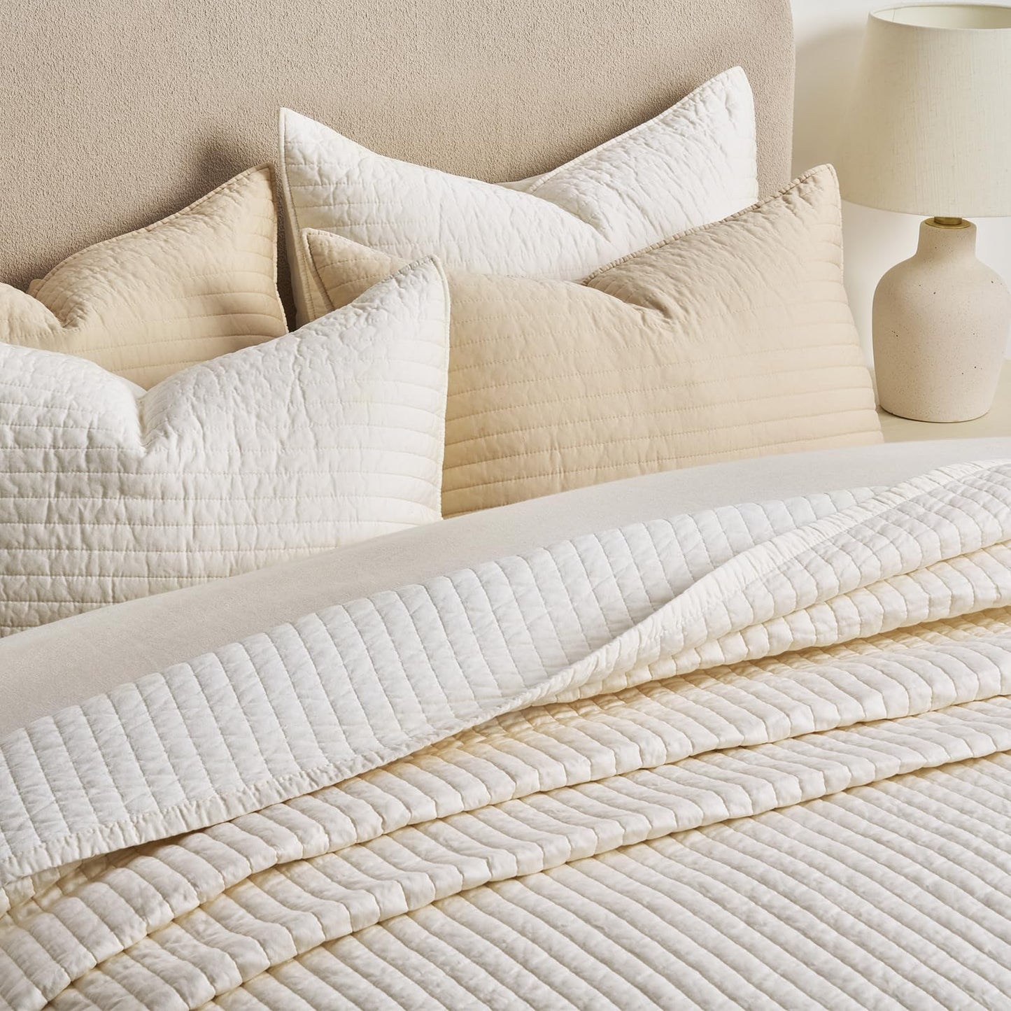 EVERGRACEHOME Cotton Sateen Quilt Set Queen Size, Pre-Washed Cotton Channel Stitch Coverlet Bedspread, 3 Pieces Lightweight Soft Bedding Sets for All Season, with 2 Pillow Shams, Cream