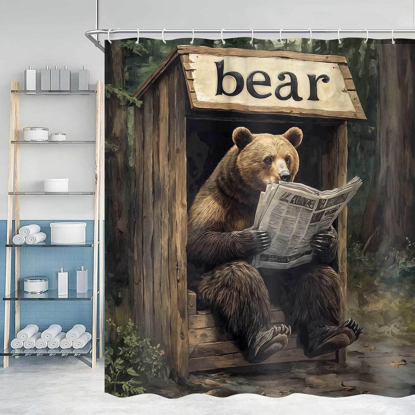 Dizifinn Rustic Bear Shower Curain, Country Cabin Woodland Bear Bathroom Accessories, Farmhouse Hunting Camp Fabric Shower Curtains for Bathroom Decor, with Hooks 72x72 Inch