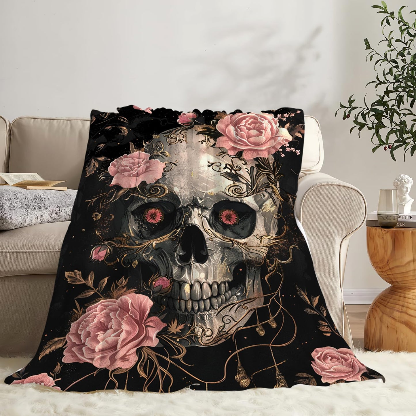 Tijuboni Skull Roses Throw Blanket Skeleton Gifts for Girls Boys Women Men Kids Adults Soft Flannel Fleece Blanket for Couch Sofa Bed Home Decor 40"x50"