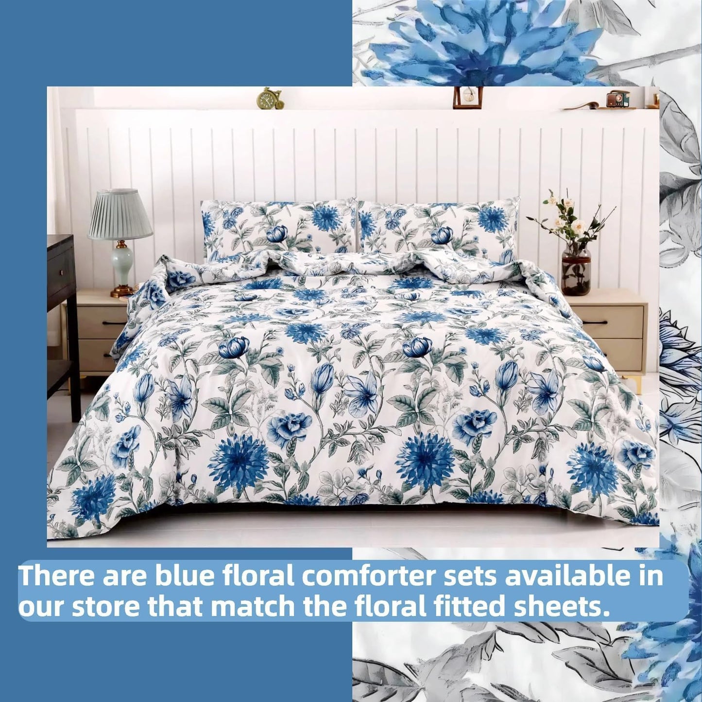 SDIII Blue Floral Full Fitted Sheet with 2 Pillowcases, Deep Pocket Soft Microfiber Full Size Bed Sheets Floral Blue All Season