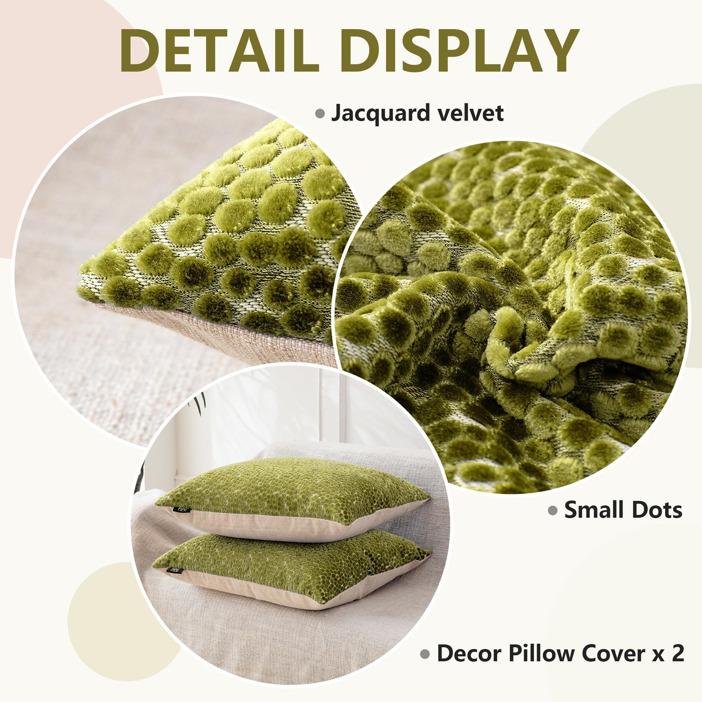 FIFU 18x18 Inch Throw Pillow Cover Set of 2 - Jacquard Velvet Cut-Pile with Linen-Look Back, Invisible Zipper, Soft Decorative Cushion Case for Couch Sofa Bedroom Living Room, Machine Washable, Olive