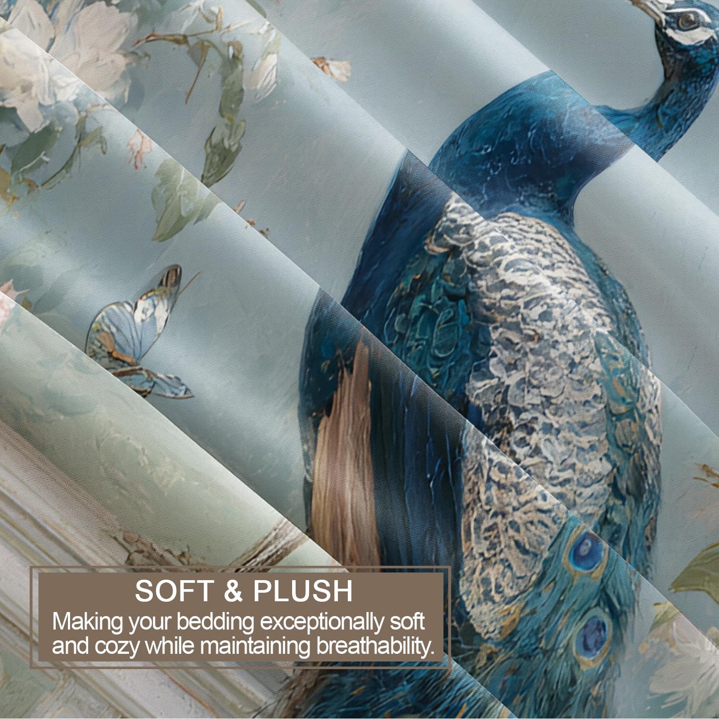 Blue Peacock Comforter Cover 68" x 90", Bird and Floral Bedding Twin Size, Chinoiserie Duvet Cover with 2 Pillowcases