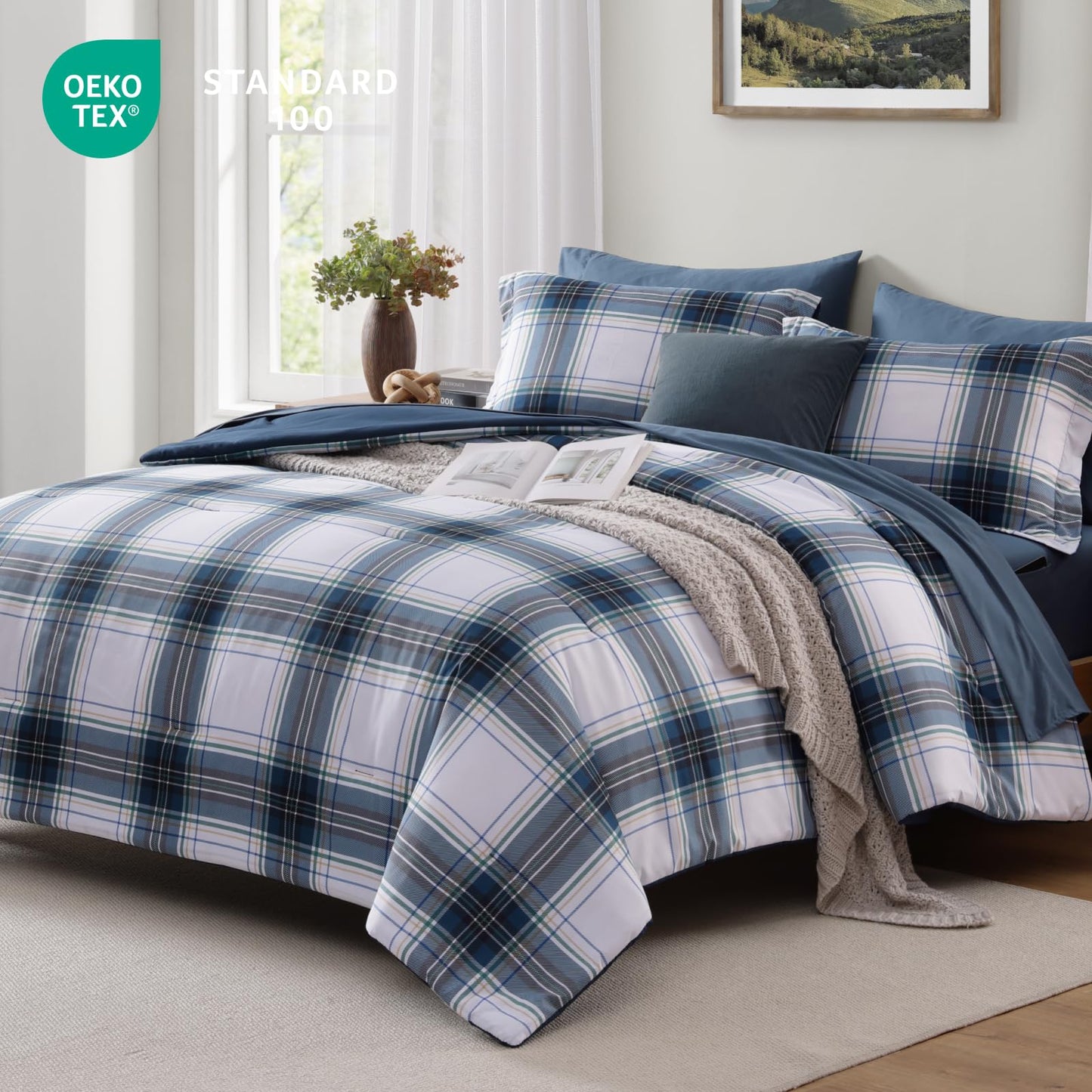 MaiRêve Queen Size Plaid Comforter Set Blue White, Classic 7 Pieces Farmhouse Bedding Set, All Season Lightweight Bed in A Bag with Sheets, Pillowcases & Shams