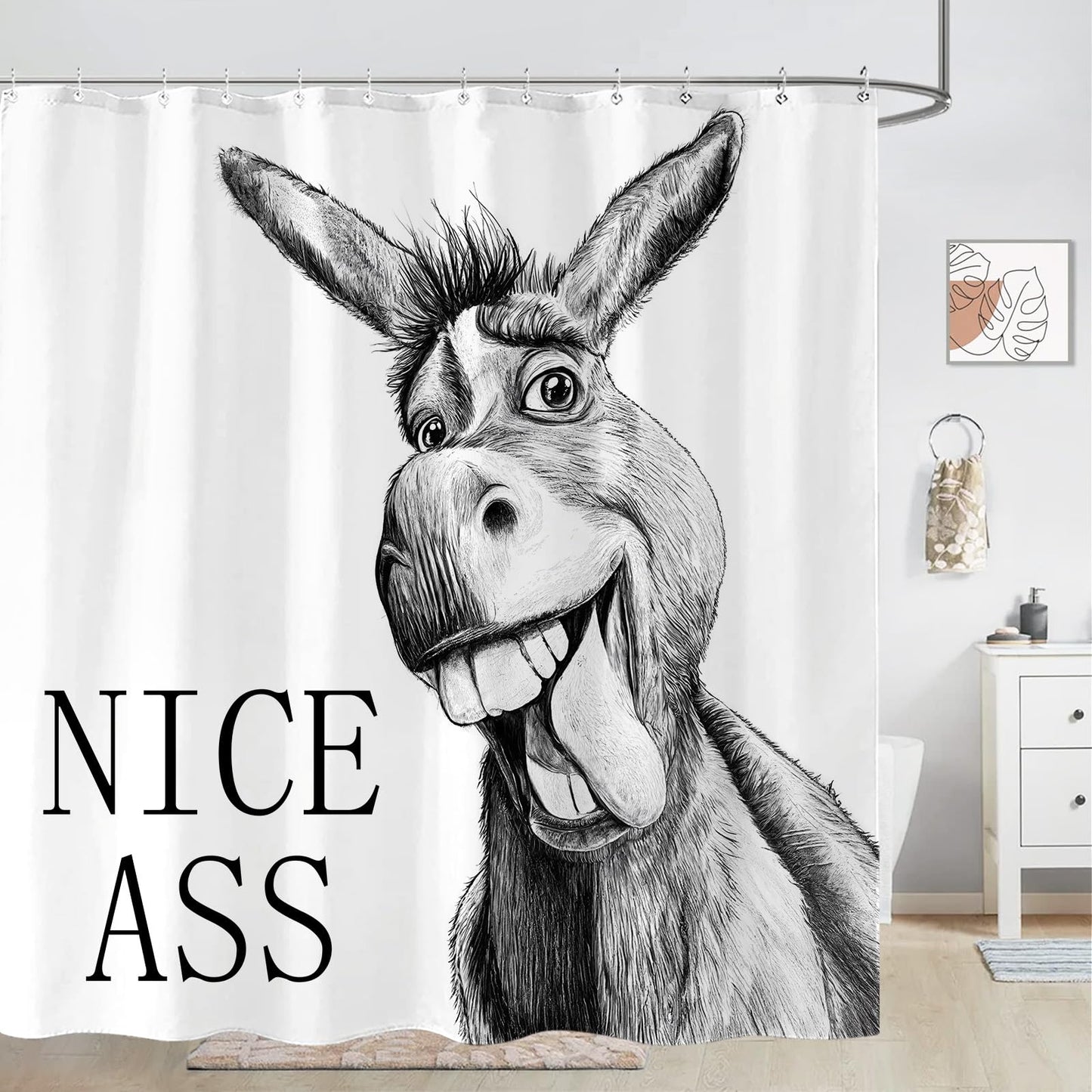 Zussun Funny Donkey Shower Curtain Rustic Farmhouse Shower Curtains for Bathroom Black and White Fun Cute Animal Wildlife Waterproof Fabric Bath Curtain Decor 72 X 72 Inch