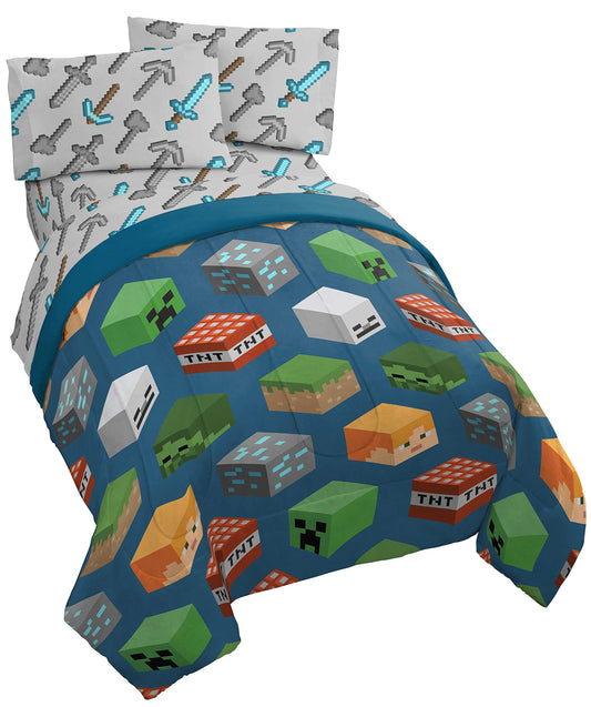 Jay Franco Minecraft Isometric 5 Piece Full Bed Set - Includes Comforter & Sheet Set - Bedding Features Creeper - Super Soft Fade Resistant Polyester - (Official Minecraft Product)