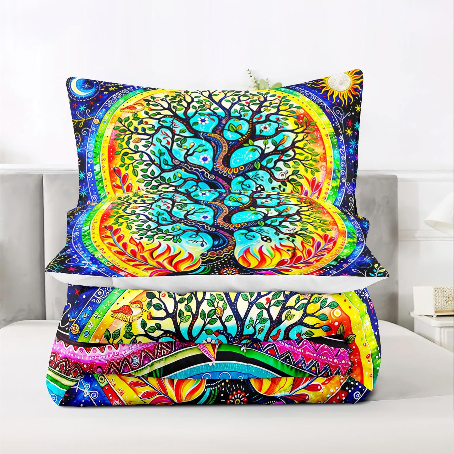 Raphus cucullatus Tree of Life Comforter Set Queen,Black Goth Queen Comforter Set,Queen Hippie Bedding Sets,Queen Size Bedding Set Gothic,Boho Queen Comforter Set,Queen Size Rainbow Bedding Set