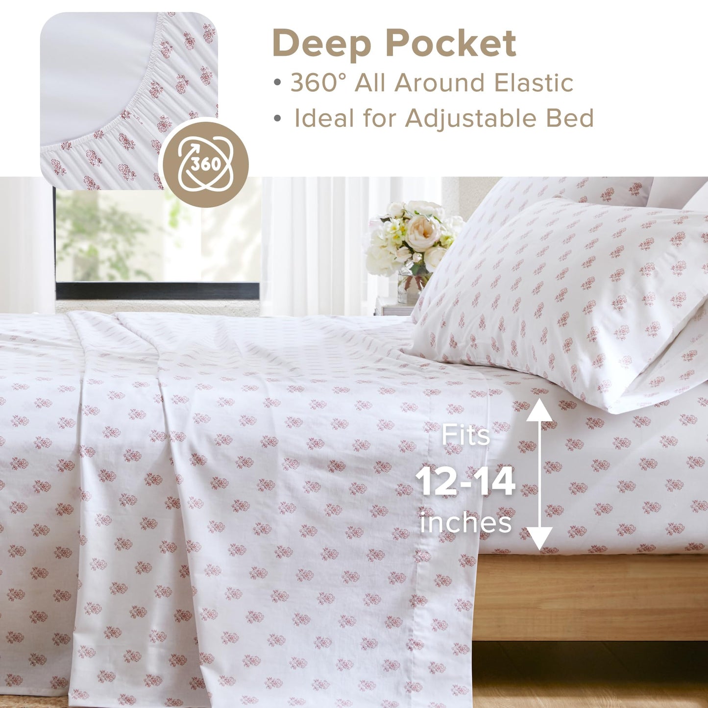 Comfort Spaces 100% Cotton Sheets Twin XL, Breathable, Naturally Cool Cotton Sheets, Soft Cotton Bed Sheets with 12" Elastic Pocket Fits up to 14" Mattress, All Seasons Sheet Set, Floral Pink 3 Piece