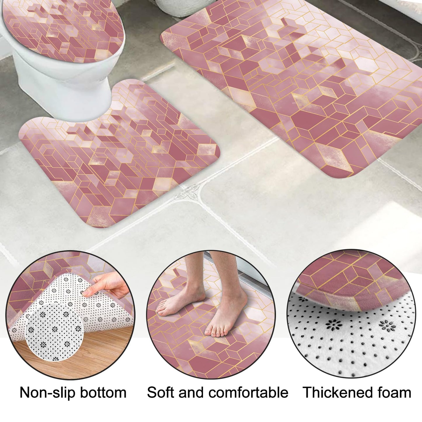 Lnond 4Pcs Bathroom Sets with Shower Curtain and Rugs, Pink Bathroom Shower Curtain Sets, Pink Gradient Modern Bathroom Sets with Rugs and Accessories