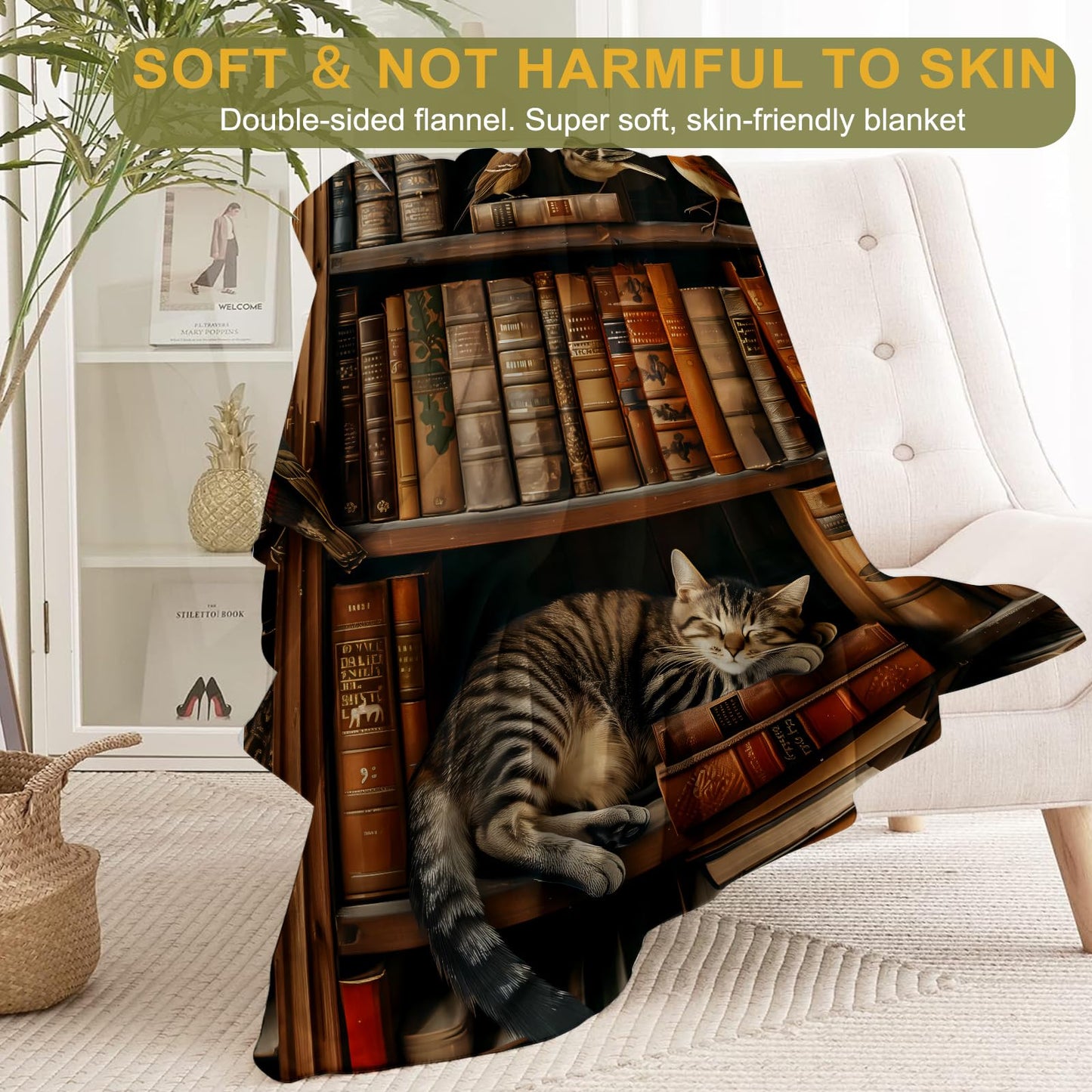 ainori Book Flannel Blanket - Adorable Cat Napping on Bookshelf Throw,Playful Gifts for Adult & Library Lovers, Ultra Soft & Warm,Lightweight, for Couch Bedroom Living Room Modern Decor 50x60in