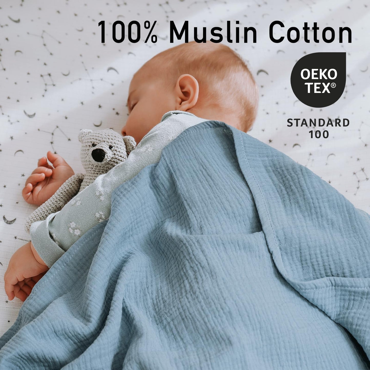 Muslin Swaddle Blankets for Newborn, 3-Pack Cotton Receiving Blankets, Large 40 x 38 inches, Baby Blankets for Boys and Girls, Wrap Burp Cloths, Registry Essentials, Shower Gifts, Elephant & Blue