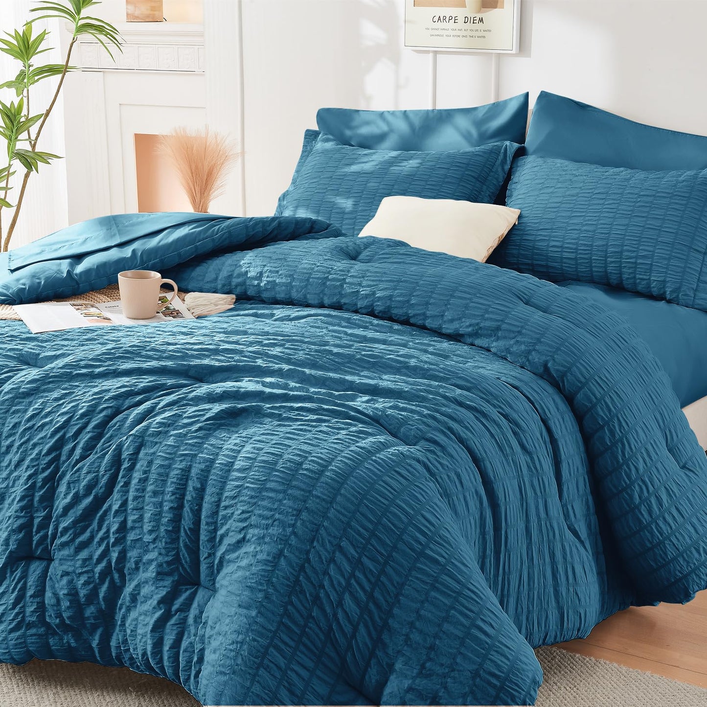 HYMOKEGE Teal Oversized Queen Comforter Set Seersucker 7 Pieces, All Season Luxury Bed in a Bag for Bedroom, Bedding Set with Comforter, Sheets, Pillowcases & Shams