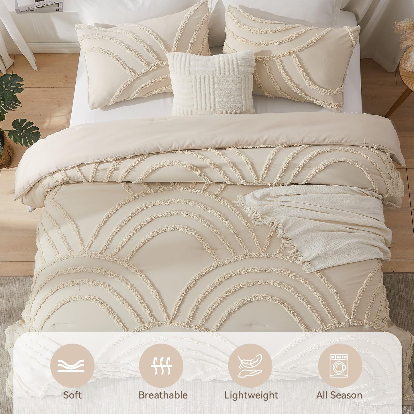 ENJOHOS Boho Comforter Set 3PC, Full Size, Beige, Dorm Bedding Sets for College Girls, Tufted Rainbow Design, Fluffy Lightweight Breathable Microfiber Comfoter
