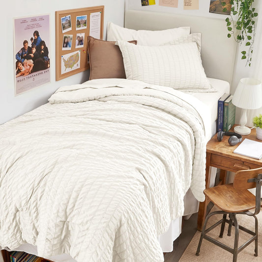 HYMOKEGE Ivory Twin Comforter Set Seersucker 5 Pieces, All Season Luxury Bed in a Bag for Bedroom, Bedding Set with Comforters, Sheets, Pillowcase & Shams