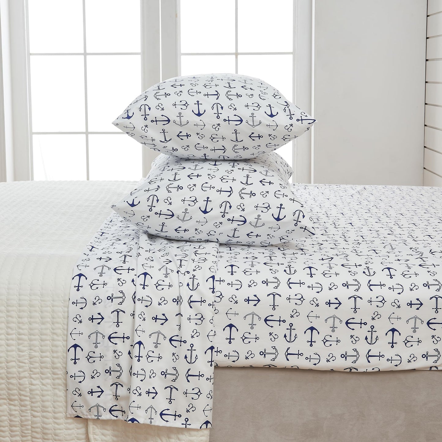 Great Bay Home Twin Coastal Microfiber Sheet Set - 3-Piece Nautical-Printed, Ultra-Soft Sheets - Beach-Themed Bedding Sheets & Pillowcases (Anchor)