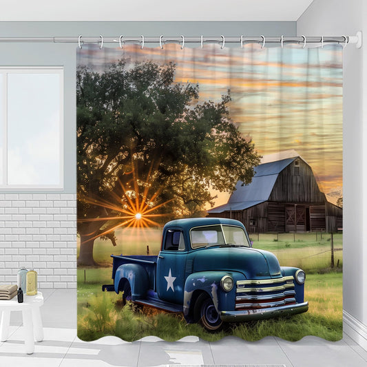 RDRUVA Vintage Blue Truck Shower Curtain Rustic Log Cabin Barn Old Car Sunset Scenic Tree Retro Country Farm Nature Landscape Bathroom Decor Polyester with Hooks 70 x 70 in