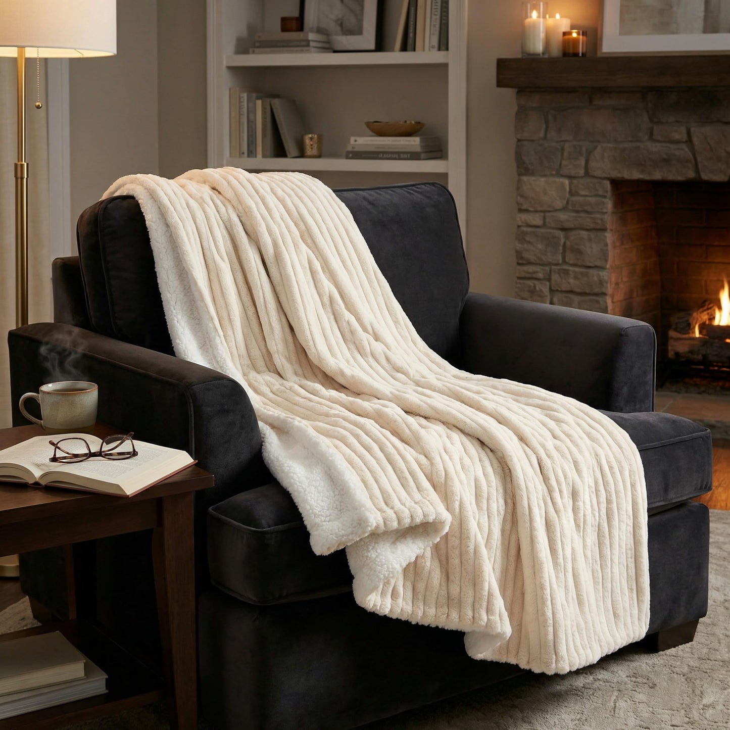 Lavish Home Faux Fur Throw Blanket - 60x70-Inch Twin Blanket for Couch, Bed, or Chair - Soft Throw with Plush Faux Rabbit Fur and Warm Sherpa for Living Room, Bedroom, and Home Decor (Ivory)
