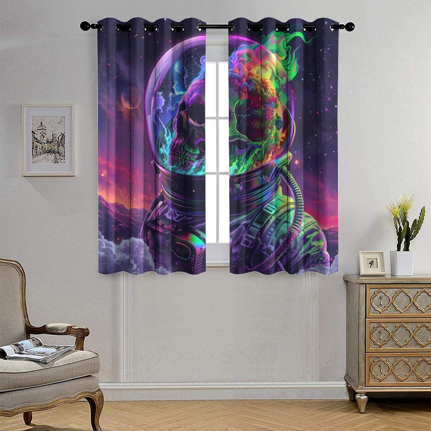 HDESDIS Mystical Horror Skull Blackout Curtains for Bedroom, Gothic Astronaut Skeleton Star Space Grommet Curtains Thermal Insulated Window Drapes for Living Room, 21W x 45L, 2 Panels