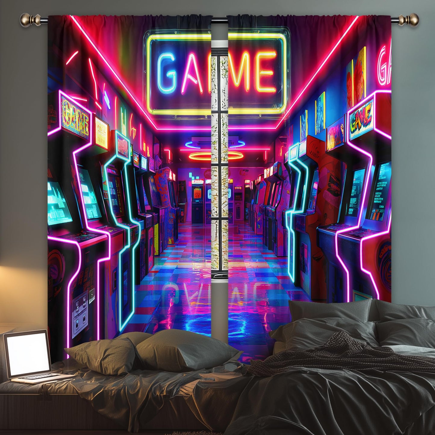 LIGHTINHOME Neon Arcade Game Curtains 52Wx84H Inch Extra Wide Gamer Gaming Cool 80s 90s Bedroom Decor for Boys Kids 2 Panels Rod Pocket Living Room Window Drapes Treatment Fabric